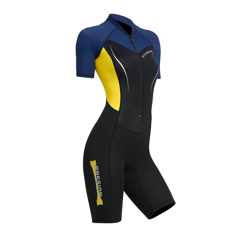 Women's 1.5mm neoprene wetsuit for surfing and diving, featuring sleek design with blue and yellow panels, ideal for water sports.